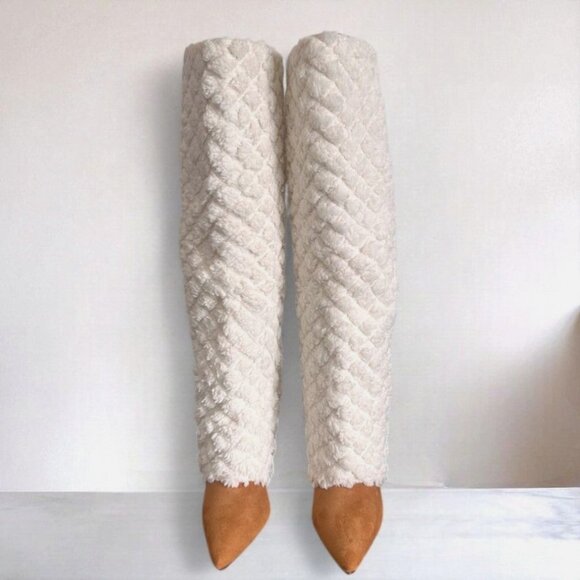 Azalea Wang Beige Quilted Sherpa Tan Suede Knee-High Stiletto Boots Size 9 NWB - Picture 3 of 9